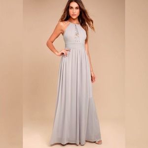 Lulus Cherish the Night Grey Lace Inset Maxi Dress Gown Small
